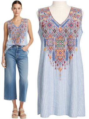 Johnny Was Tunic Blue Pinstripe Embroidered V-Neck M